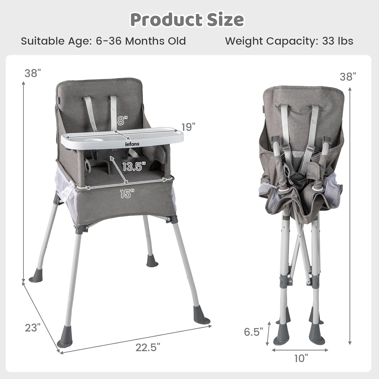 INFANS Baby High Chair, Foldable Portable Highchair for Babies and Toddlers with Travel Bag Adjustable Tray, 5 Point Harness, Compact Space Saver Infant Feeding Chair for Age 6-36 Months
