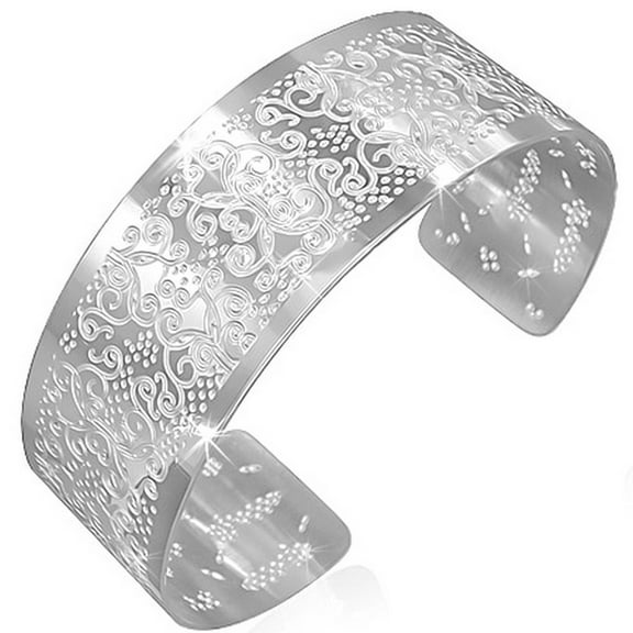 Stainless Steel Silver-Tone Flowers Open End Womens Cuff Bangle