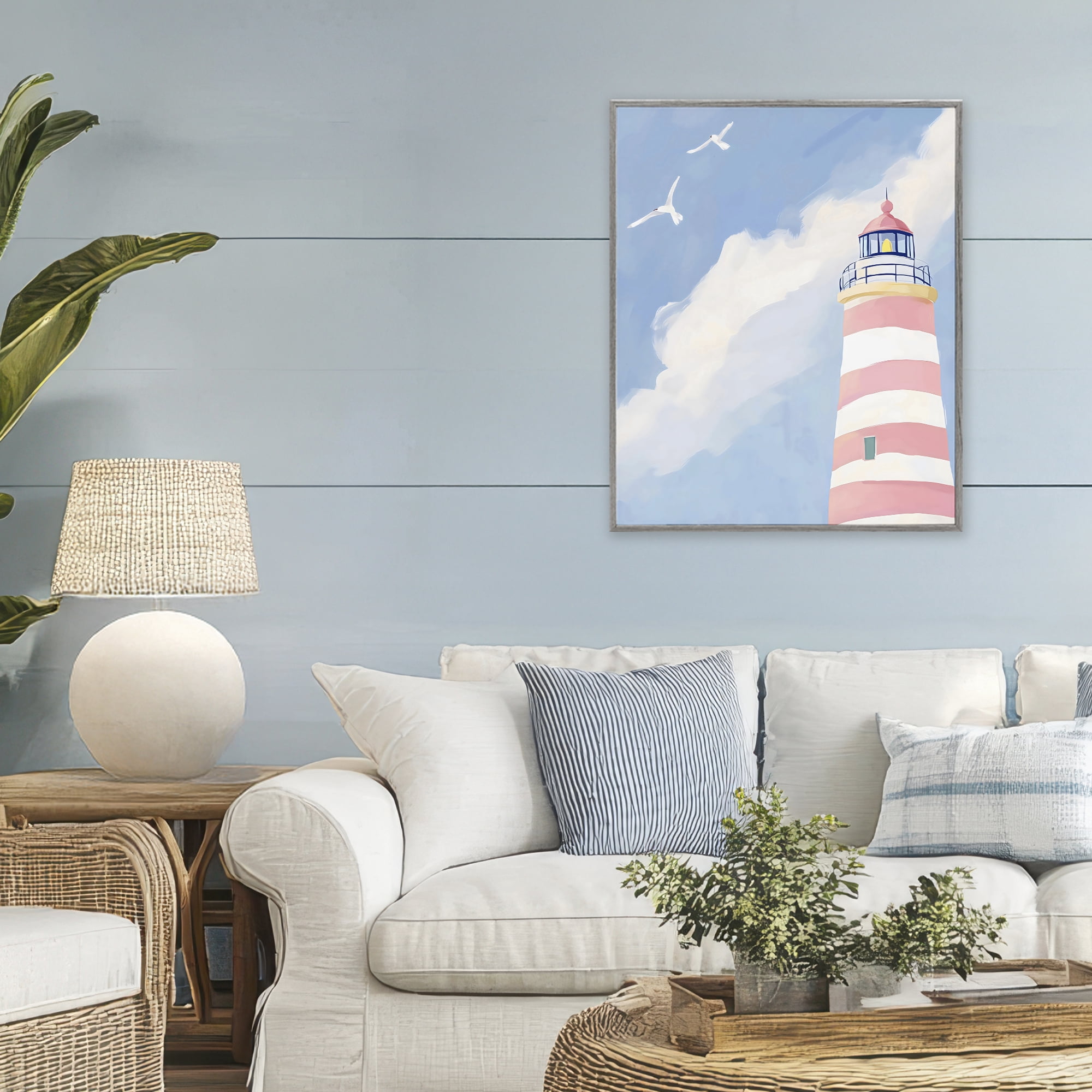 Stupell Industries Striped Lighthouse with Seagulls Gray Framed Giclee Art, design by The Prints Vibe