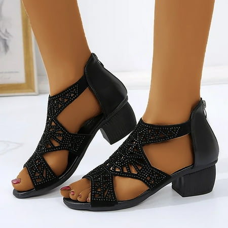 

bvgfsahne Summer New Large Roman Medium Heel Rhinestone Fish Mouth Back Zipper Sandals
