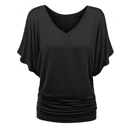 

ViLaViDe Cocktail Womens Summer Tops Fashion Plus Size Solid V-Neck Short Sleeve Ruched T-shirt Black Pajama Top Women Cotton Long Sleeve Shirt Black 3XL