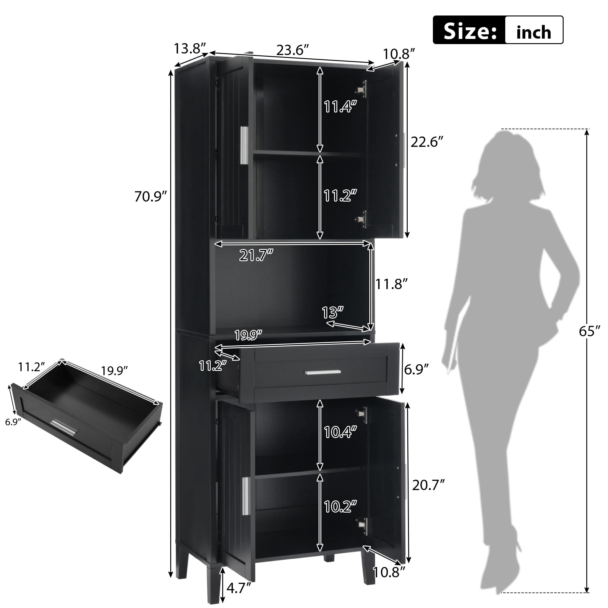 Pusnapku 70" Tall Storage Cabinet, Wood Pantry Cabinet with 4 Doors, Drawer, Adjustable Shelves, Narrow Bathroom Closet for Kitchen, Laundry Room