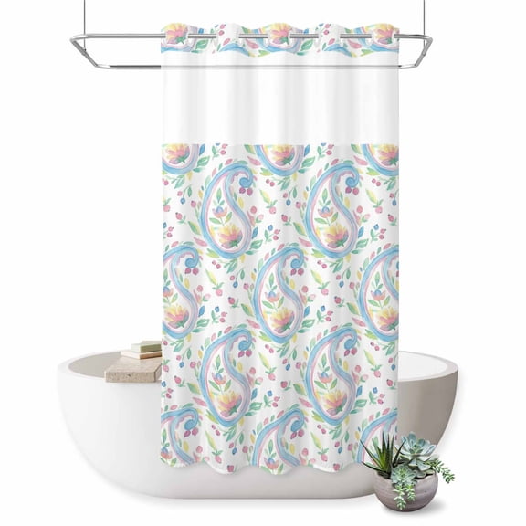 No Hook Shower Curtain, Paisley Flower Shower Curtains for Bathroom with See Through Top Window, Spring Watercolor Floral Leaf Plant Blue Waterproof & Washable Bath Curtain Narrow 54"x78"