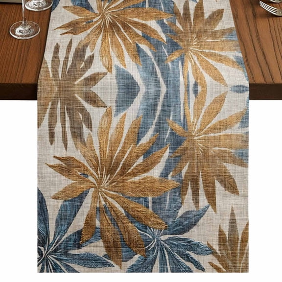 Navy Blue Brown 60 Inch Table Runner, Retro Tropical Palm Leaves Botanical Farmhouse Dresser Scarf Cotton & Linen Tablerunner for Dining/Kitchen Island/Holiday Party Décor 13" x 60"