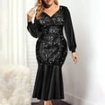 thumbnail image 2 of Pompotops Robe de Soirée Femme Mode Aguichant Élégante Paillettes Col en V Profond Couleur Unie Manches Longues à Volants, 2 of 8
