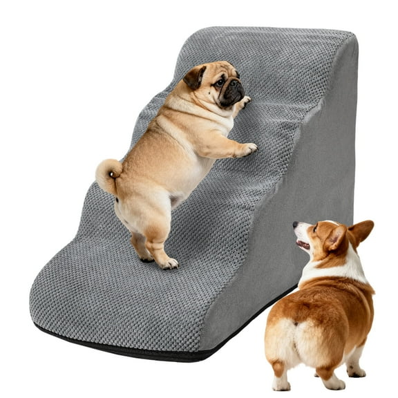 LCOKEIY Gray Curved Dog Stairs Ramp for High Beds Couch Soft, 20" H, 4-Step Dog Steps for  Small  Dogs and Cats, Non-Slip Pet Stairs