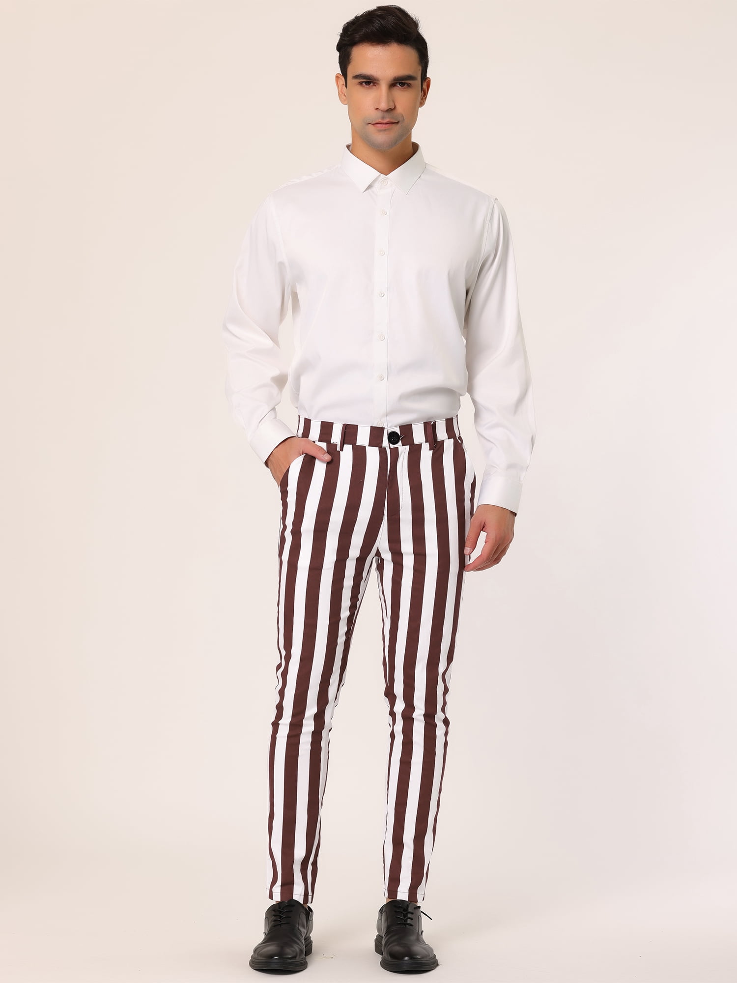 Unique Bargains Men's Striped Pants Business Skinny Fit Color Block Trousers 40 Brown White