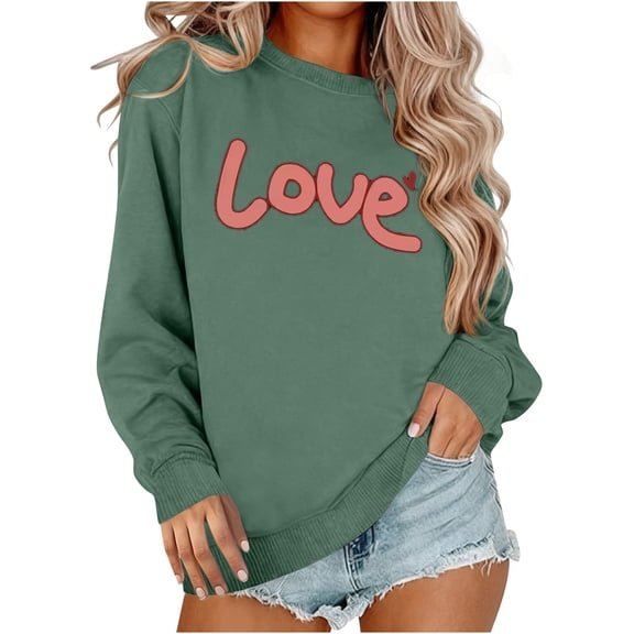Busydd Valentine Shirts for Women Trendy Love Heart Print Womens Long Sleeve Tops Casual Comfortable Cotton Crewneck Spring Tops for Women S