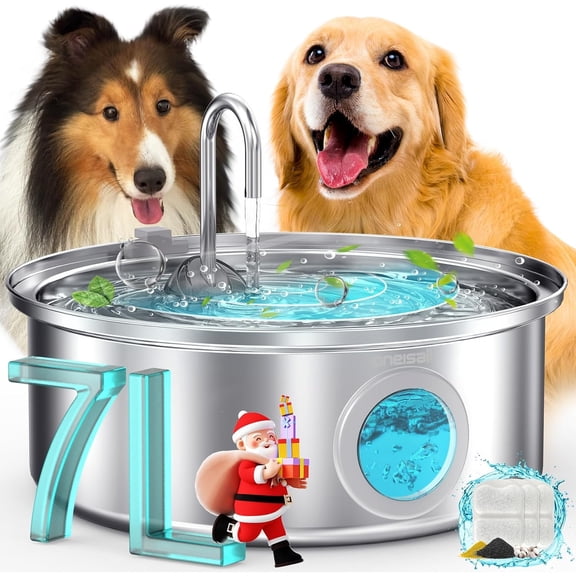 Dog Water Fountain, 7L/230oz/1.8G Quiet Dog Fountain Water Bowl, Stainless Steel Dog Water Fountain with Visual Water Level&Triple Filtration for Large Medium Small Breed Dogs Pets