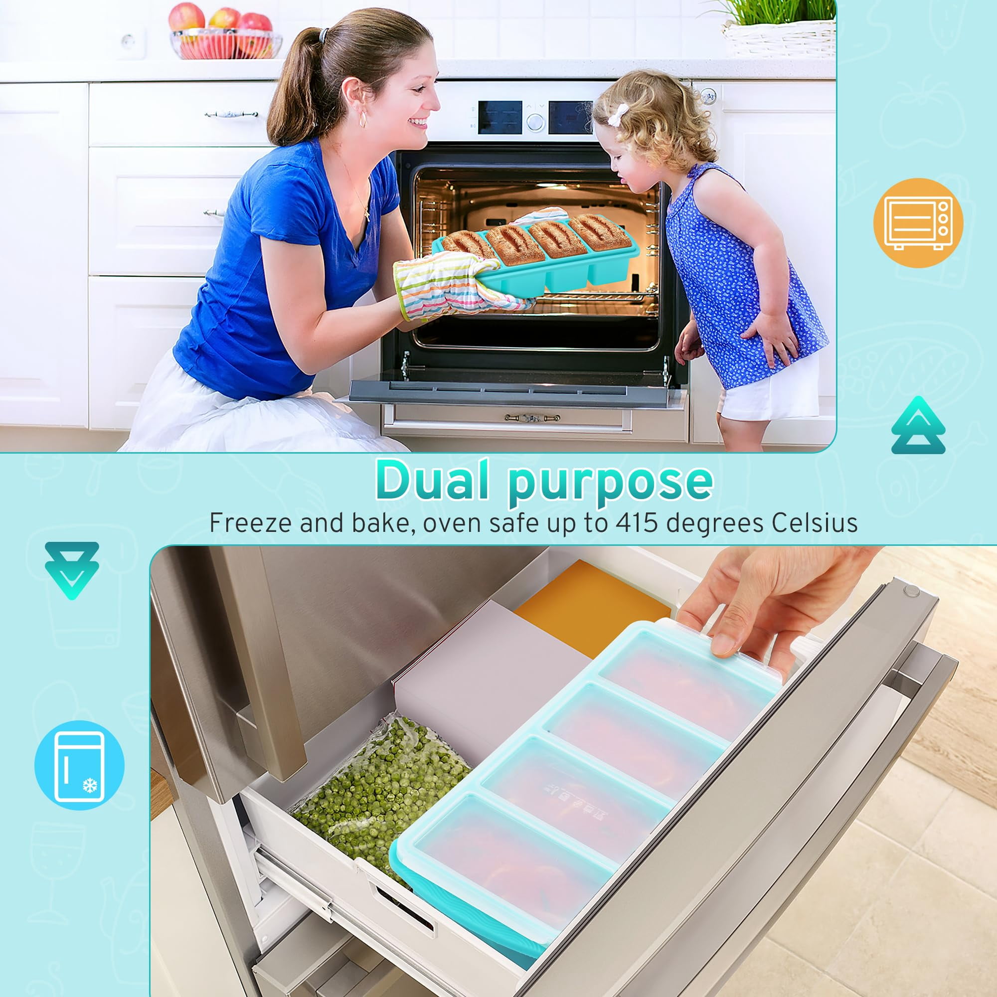 Silicone Freezer Tray With Lid - 1 Cup Food Freezers Large Ice Cube Molds Soup  Sauce Leftovers Homemade Meal Prep Freezing Kitchen Storage Containers Aqua 4-pack