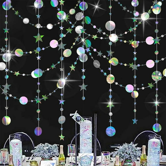 Tutuviw 2Pcs Iridescent Star Circle Dot Garland Hanging 13.12 Ft Holographic Twinkle Little Stars Garlands for Birthday Party Supplies Wedding Backdrop