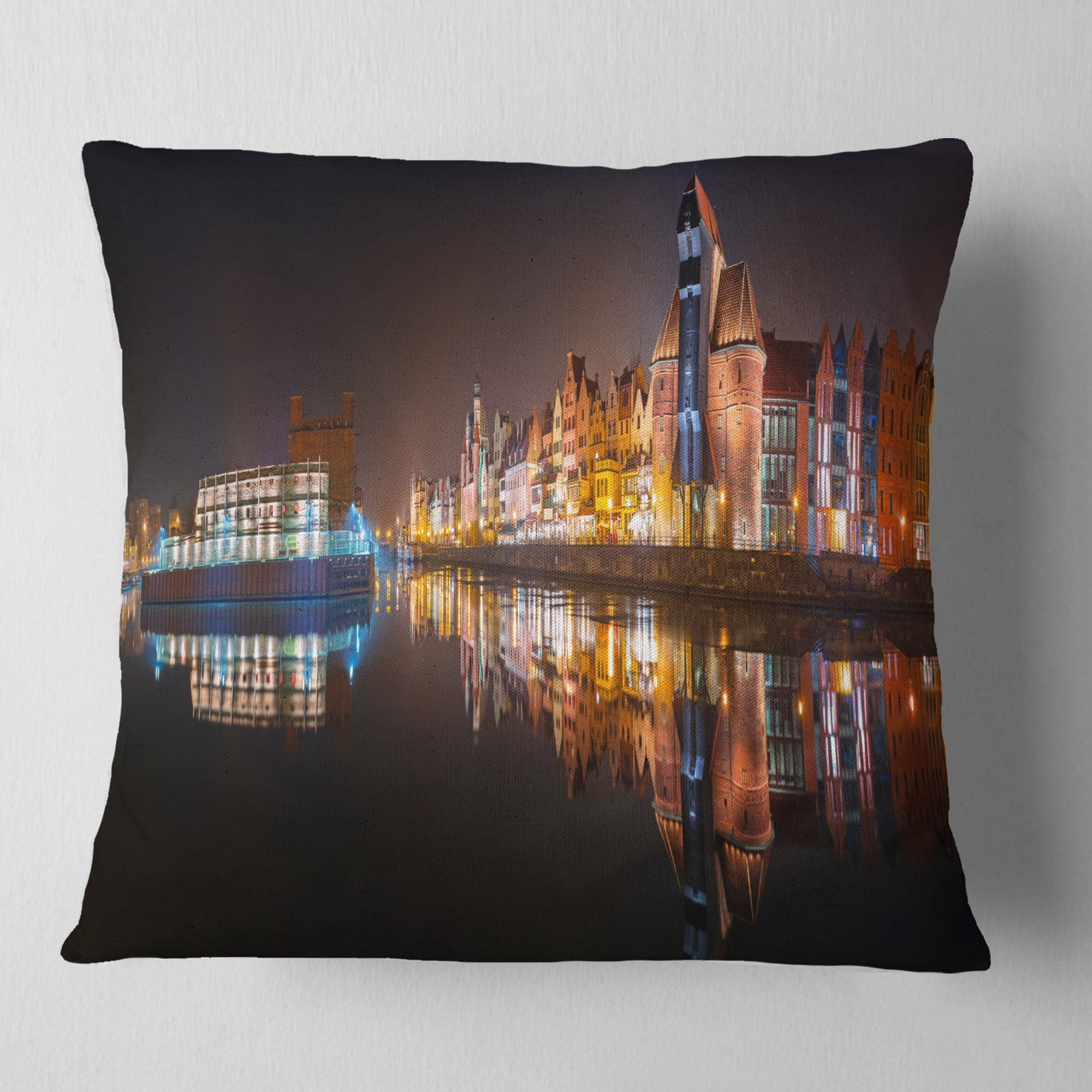 Designart Panorama of Gdansk Old Town - Landscape Photography Throw Pillow - 18x18