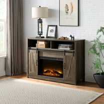 LiviNest Electric Fireplace TV Stand with Storage: Rustic Oak Finish & Sliding Barn Doors - 2 Door Storage & 2 Open Shelves for Home Office & Living Room Use