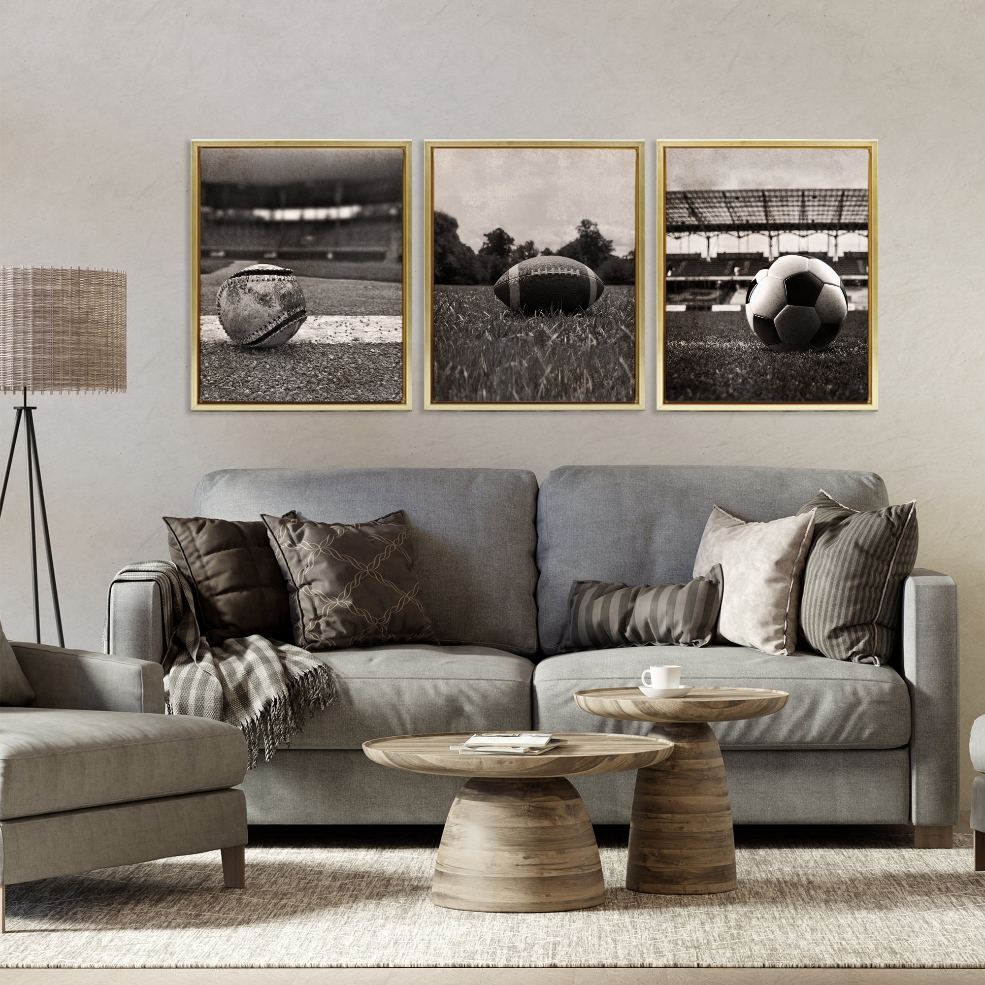 Stupell Industries Vintage Sports on Field 3 Piece Gold Framed Floater Canvas Set, design by Marcus Prime