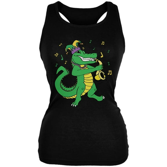 Mardi Gras Alligator Playing Saxaphone Jester Jazz Juniors Soft Tank Top Black X-LG