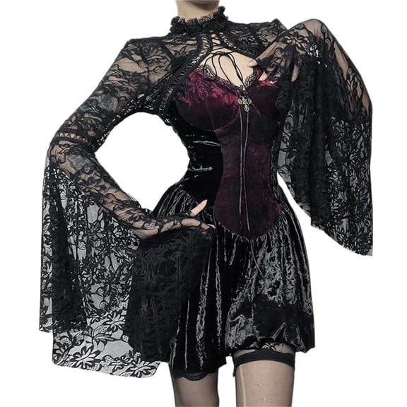 Aellinatey Women Flared Long Sleeve Lace Shrug Aesthetic Gothic Lace Up Cover Up Cardigan