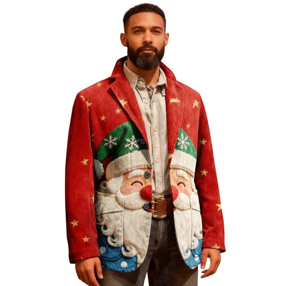 yuCgh Men's Ugly Christmas Corduroy Suit Jacket with Warm Pockets, Cardigan for Casual Holiday Fashion, Fun Print for Celebrations,Deep Red L