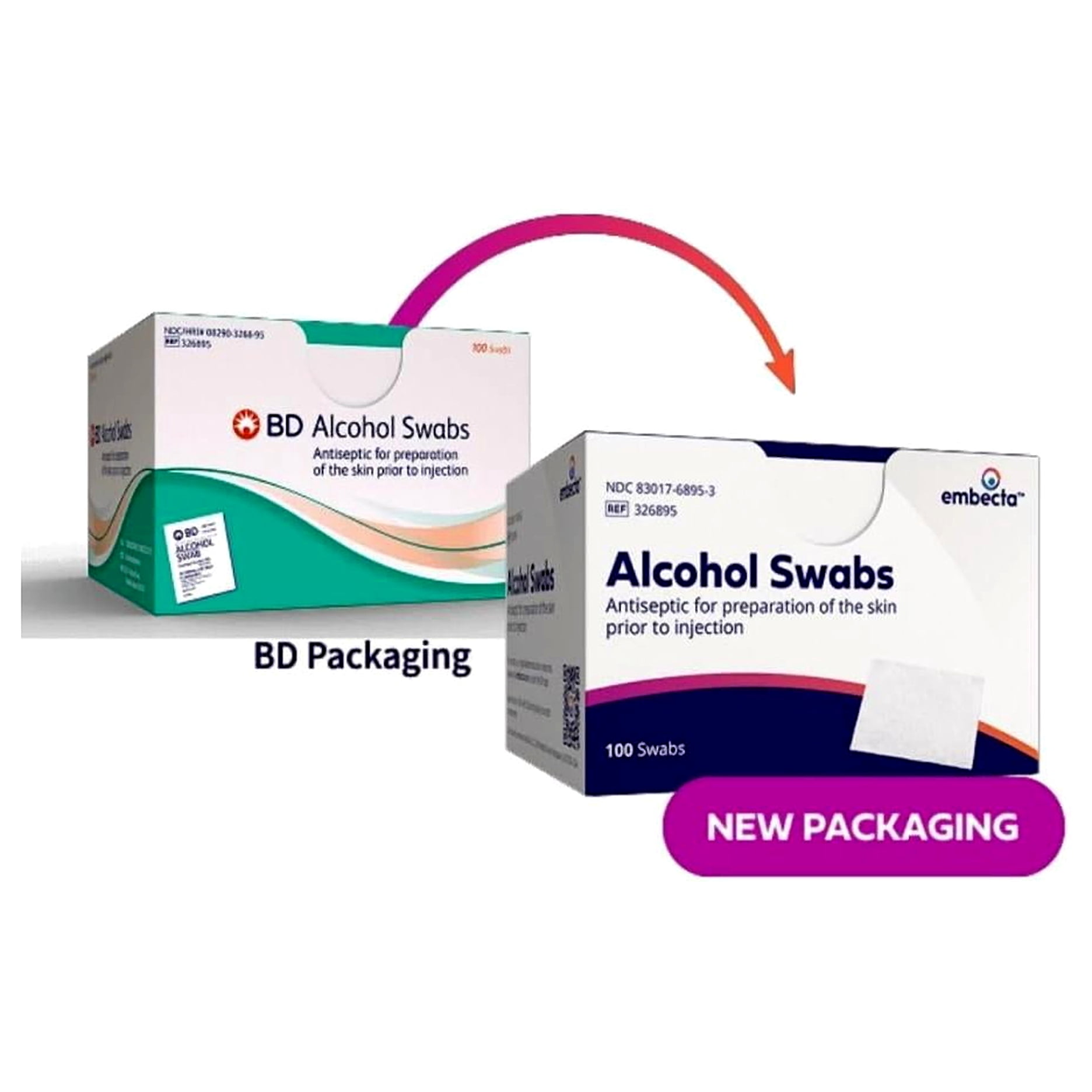 Embecta (Formerly BD) Alcohol Prep Pads, 70% Strength Isopropyl Alcohol, Box of 100 Individual Packets