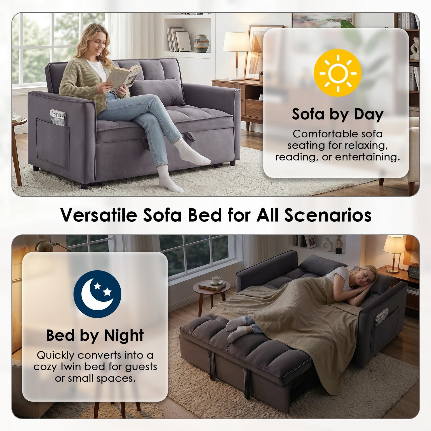 54" 3 in 1 Convertible Velvet Sofa Bed, 3 Position Foldable Sleeper Couch with Adjustable Backrest & Pillows, Dark Gray