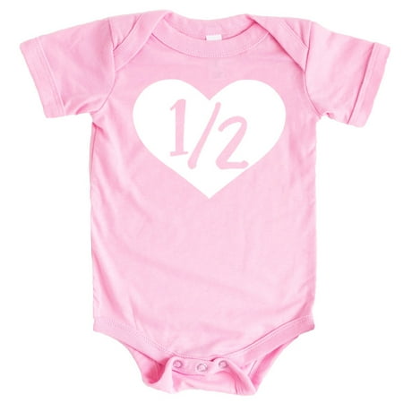

Half Birthday Bodysuit Girls 1/2 in Heart Birthday Glitter Gold Outfit for Baby Girls White on Pink Bodysuit