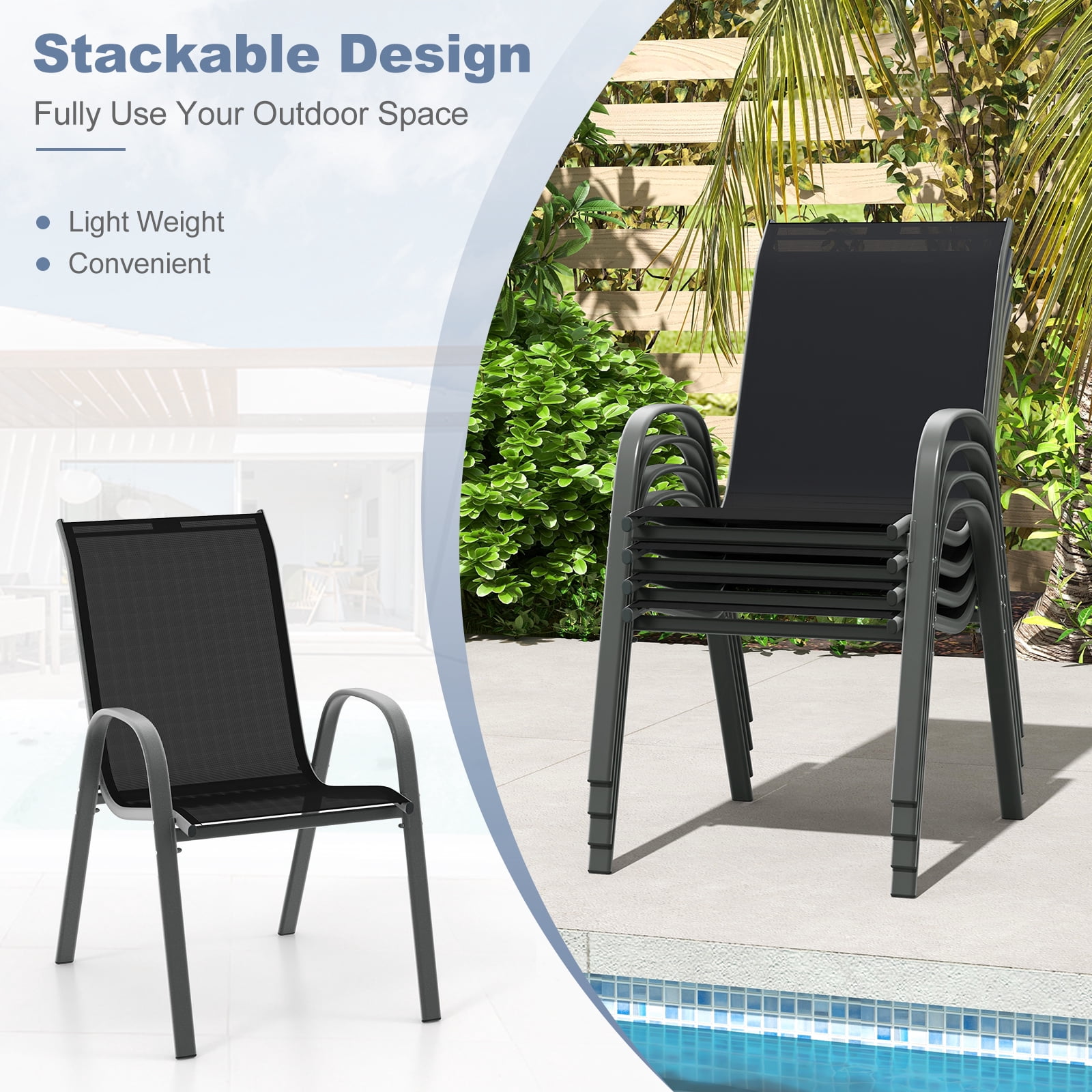 Costway 2PCS Patio Dining Chairs Stackable Armrest Space Saving Garden, Black