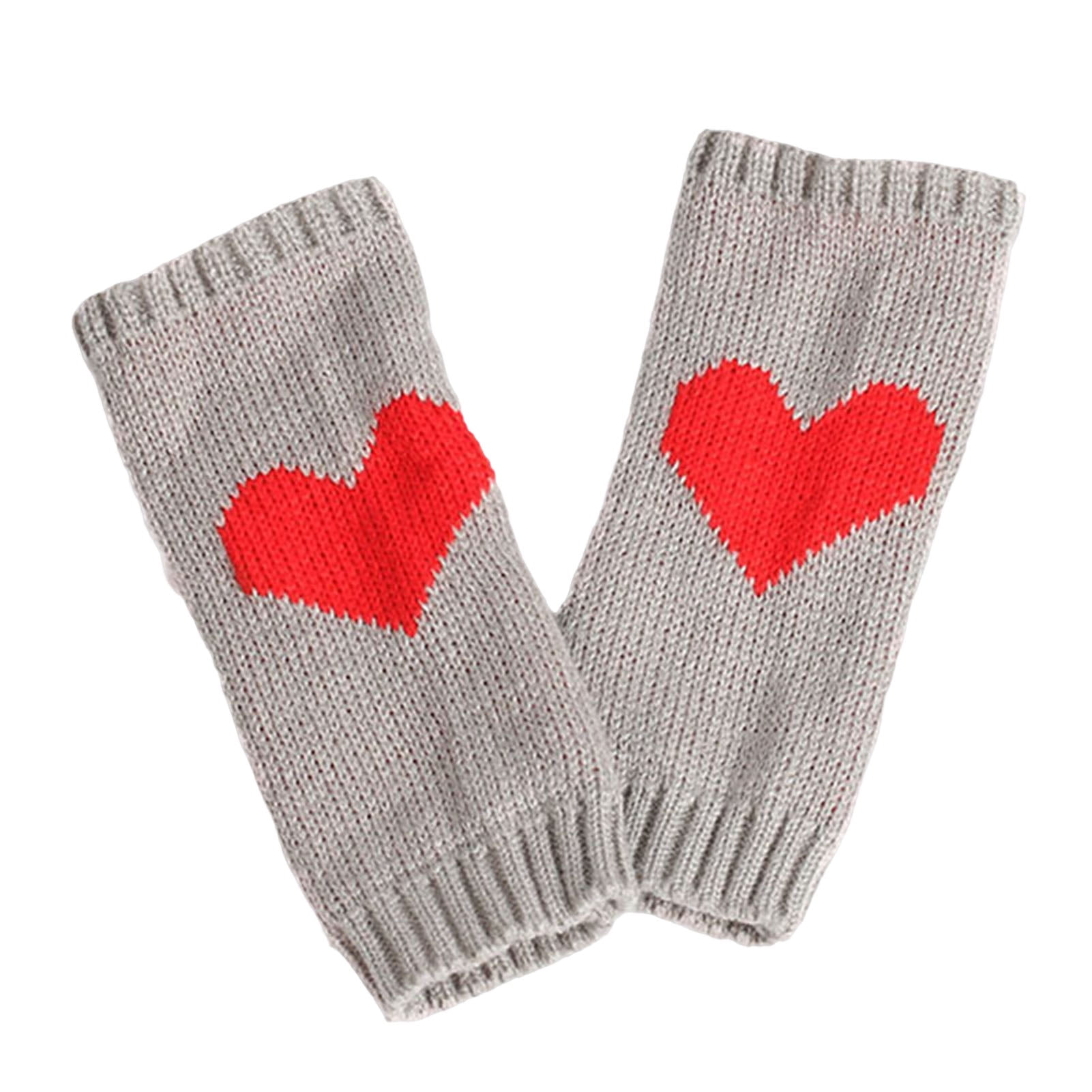 Womens Fingerless Gloves - Winter Warm Knit Crochet Thumbhole Arm Warmers,  Love Heart Print Fingerless Mittens 
