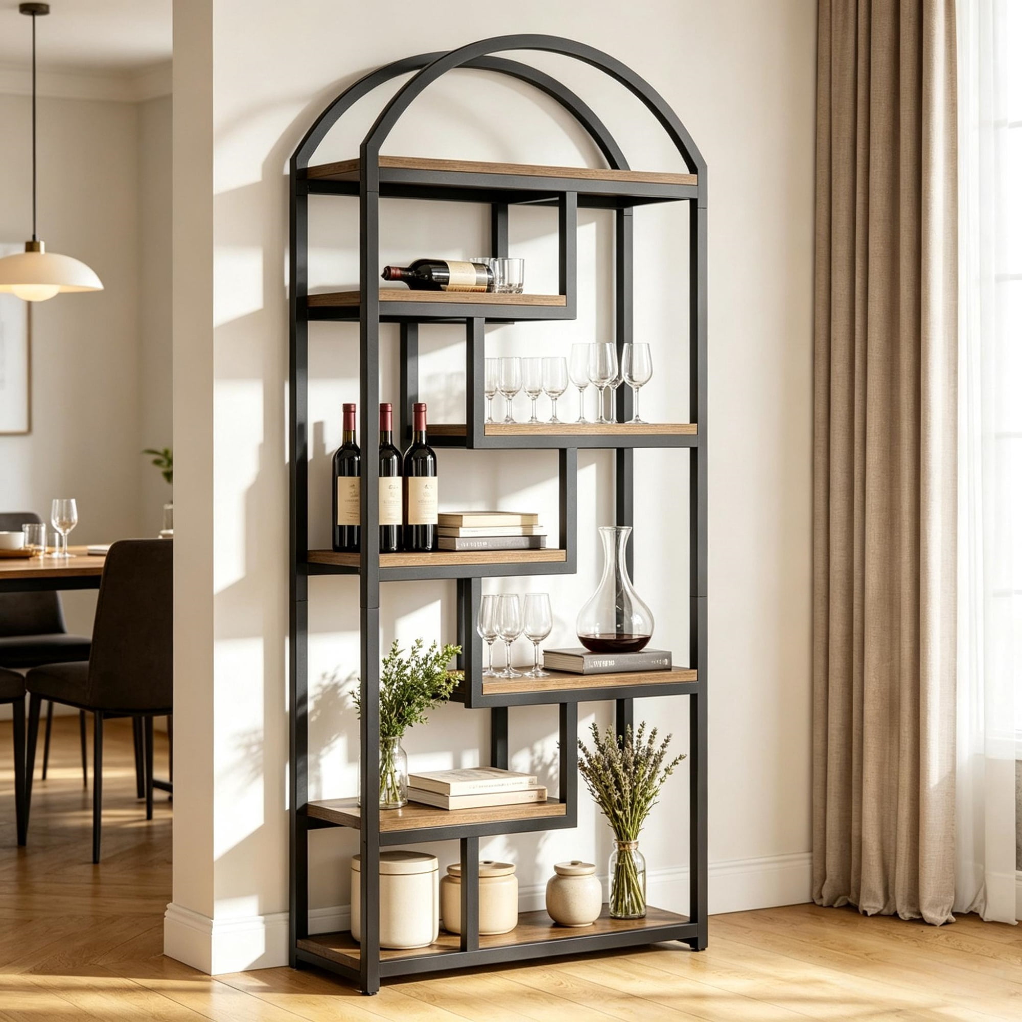 71 Inch Arched Industrial Bookshelf, Open Display Bookcase