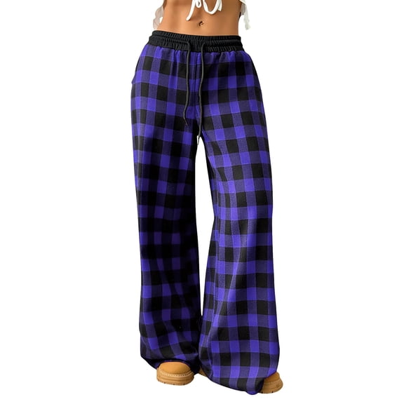 Hurxie Women's Plaid Pants Drawstring Elastic Waist Wide Leg Baggy Lounge Pants Casual Long Trousers Purple,M