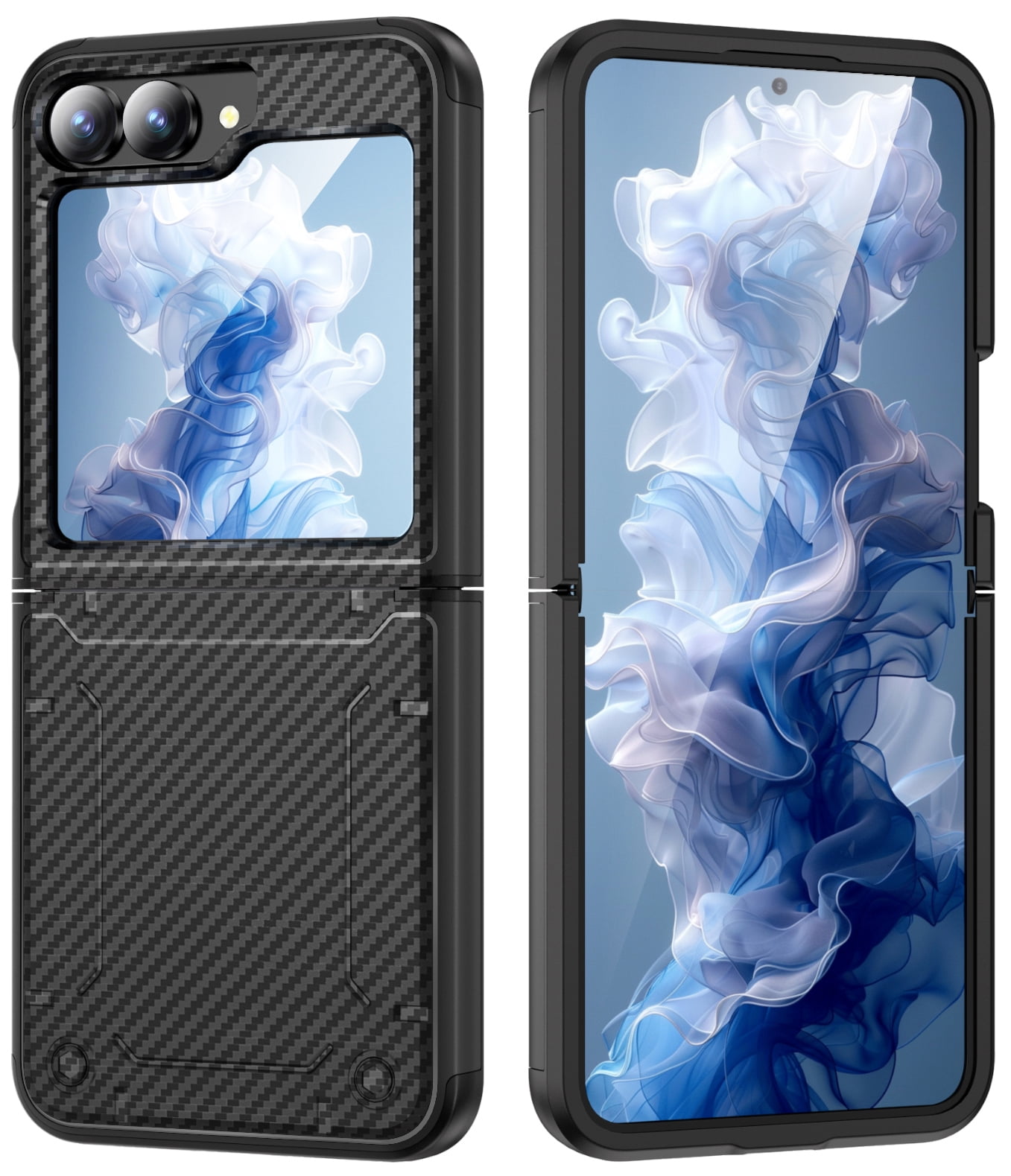 Rizz Case and Belt Clip Combo for Samsung Galaxy Z Flip 6 Phone, Nakedcellphone Rugged Hybrid Cover [with Hidden Hinge Panel Protection] and Holster Holder for Z Flip6  - Black Carbon Fiber Design