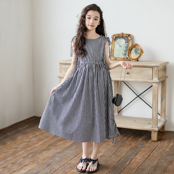 Spazoro Girls Maxi Dress, Crew Neck Plaid Sleeveless A-Line Casual Summer Dresses for Girls Black Size 8