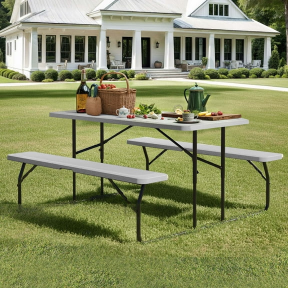 ModFusion 4.5ft Folding Picnic Table & Bench Set, Portable Outdoor Camping Dining Set with HDPE Resin Top & Steel Frame – White