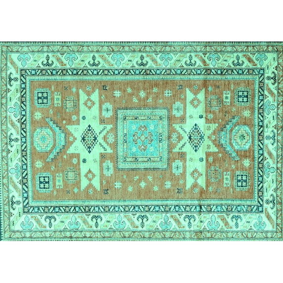Ahgly Company Machine Washable Indoor Rectangle Geometric Turquoise Blue Traditional Area Rugs, 8' x 10'