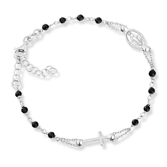 Miabella 925 Sterling Silver Italian Natural Black Spinel Rosary Cross Charm Bead Bracelet for Women, Adjustable Link Chain, Handmade in Italy (Length 7 to 8 Inch)