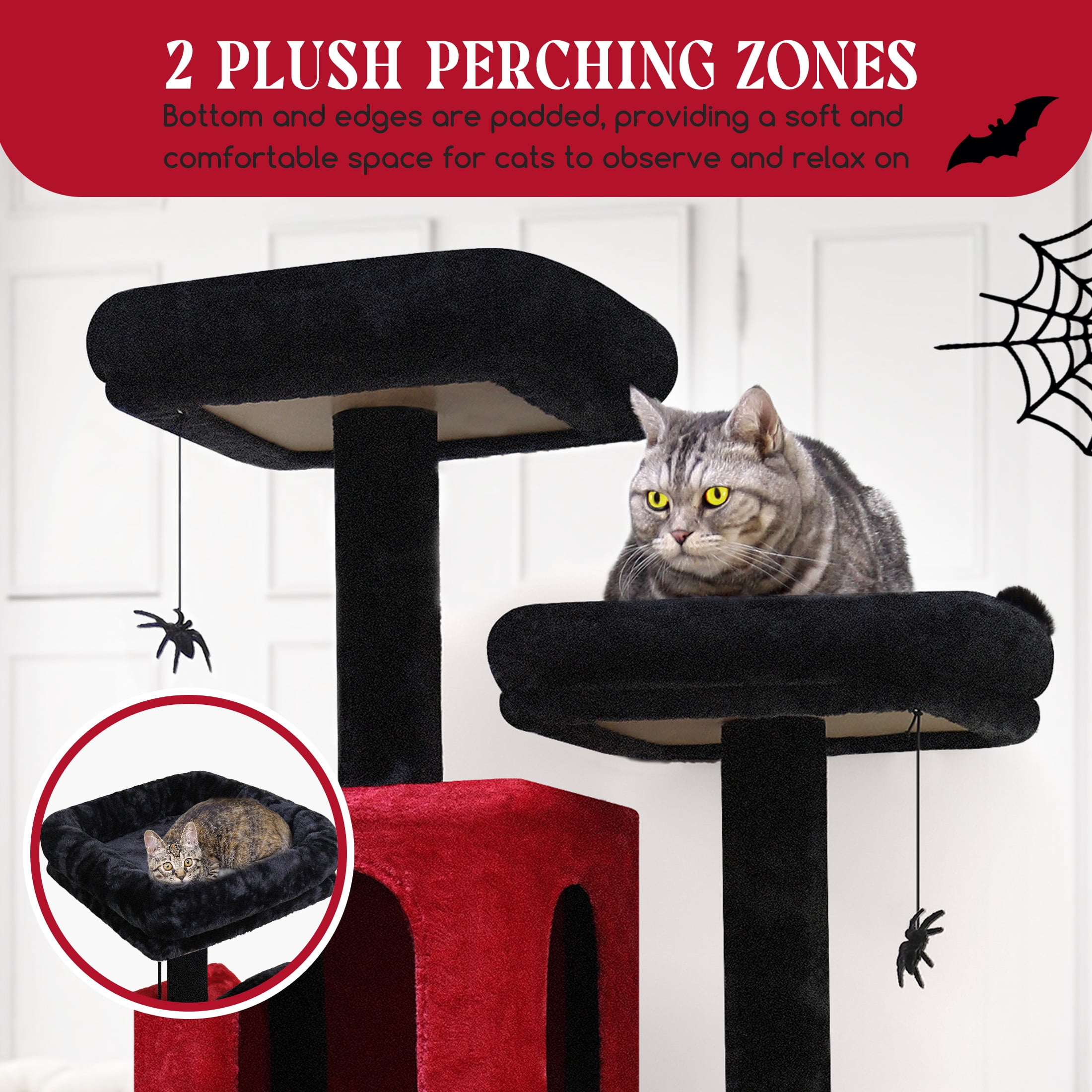 CT70F Gothic Cat Tree - 69" Tall Multi-Level Tower with Condos, Perches & Scratching Posts, Red Black
