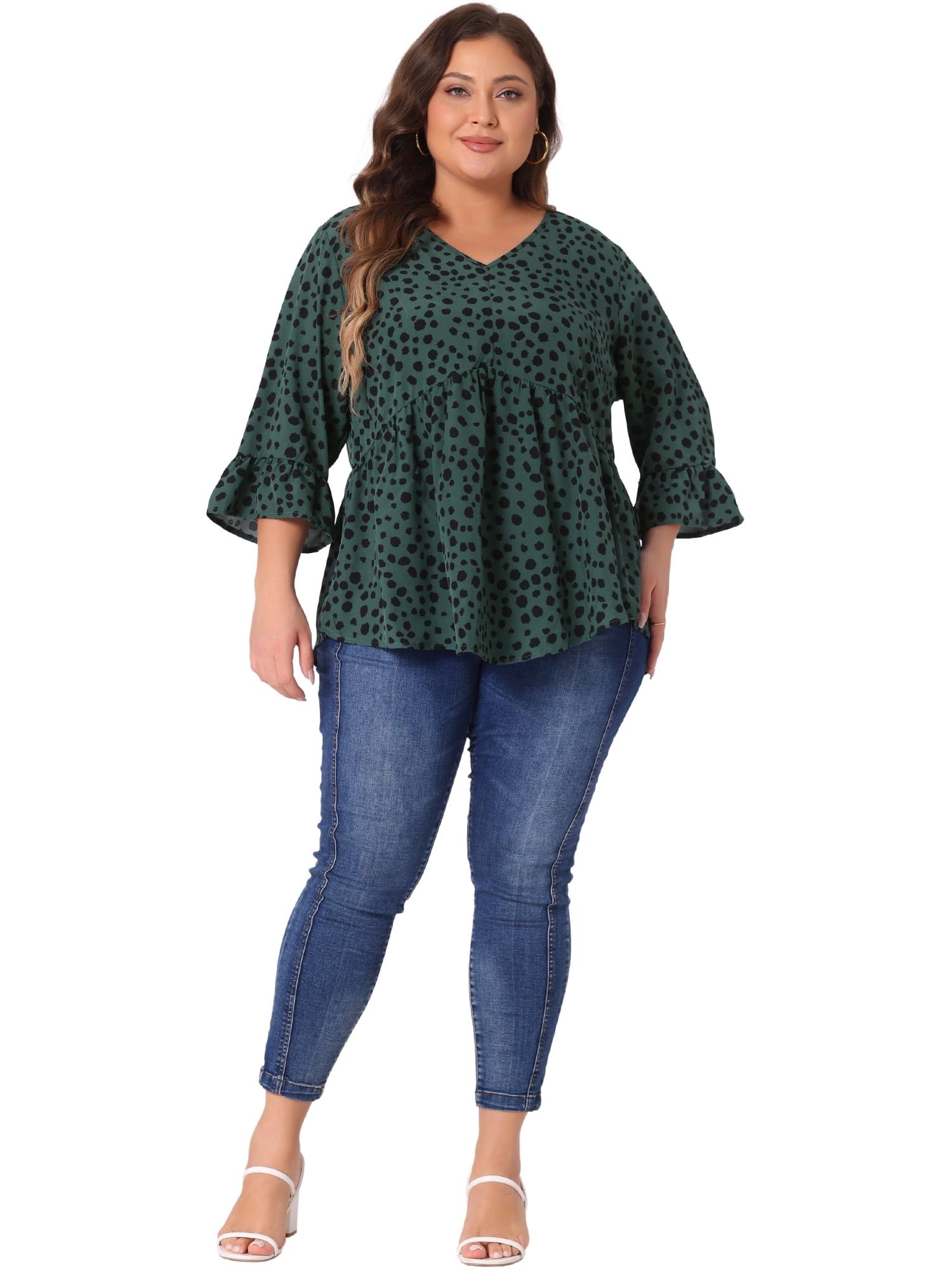 DARING DIVA Women's Plus V Neck Ruffle Sleeve Polka Dots Babydoll Top 2X Dark Green
