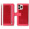 thumbnail image 7 of Wallet Case for iPhone 14 Pro Shining Zipper Pocket Cover, Glitter Sparkle Luxury PU Leather Magnetic Flip Folio Case with Card Slots Kickstand Wrist Hand Strip Shockproof Case, Rose, 7 of 7