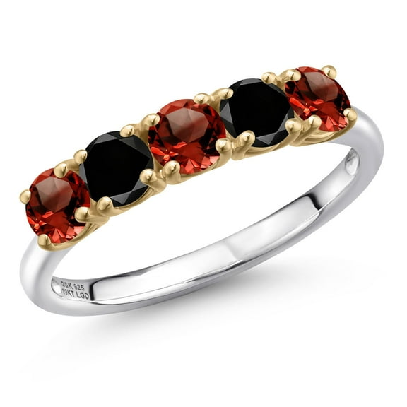 Gem Stone King 925 Silver and 10K Yellow Gold Red Garnet and Black Diamond Wedding-Bands Ring for Women | 1.65 Cttw | Round 4MM | Gemstone January Birthstone | Size 6