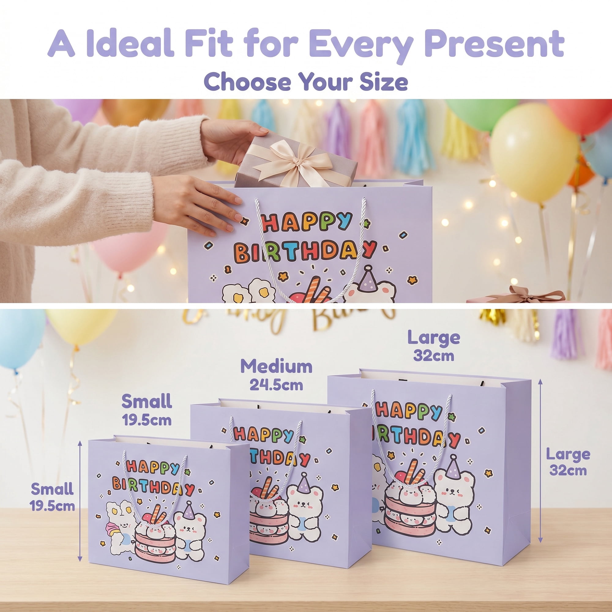 Unique Bargains 6Pcs Vibrant Cartoon Themed Birthday Gift Bags Purple 12.6" x 4.5" x 9.8"