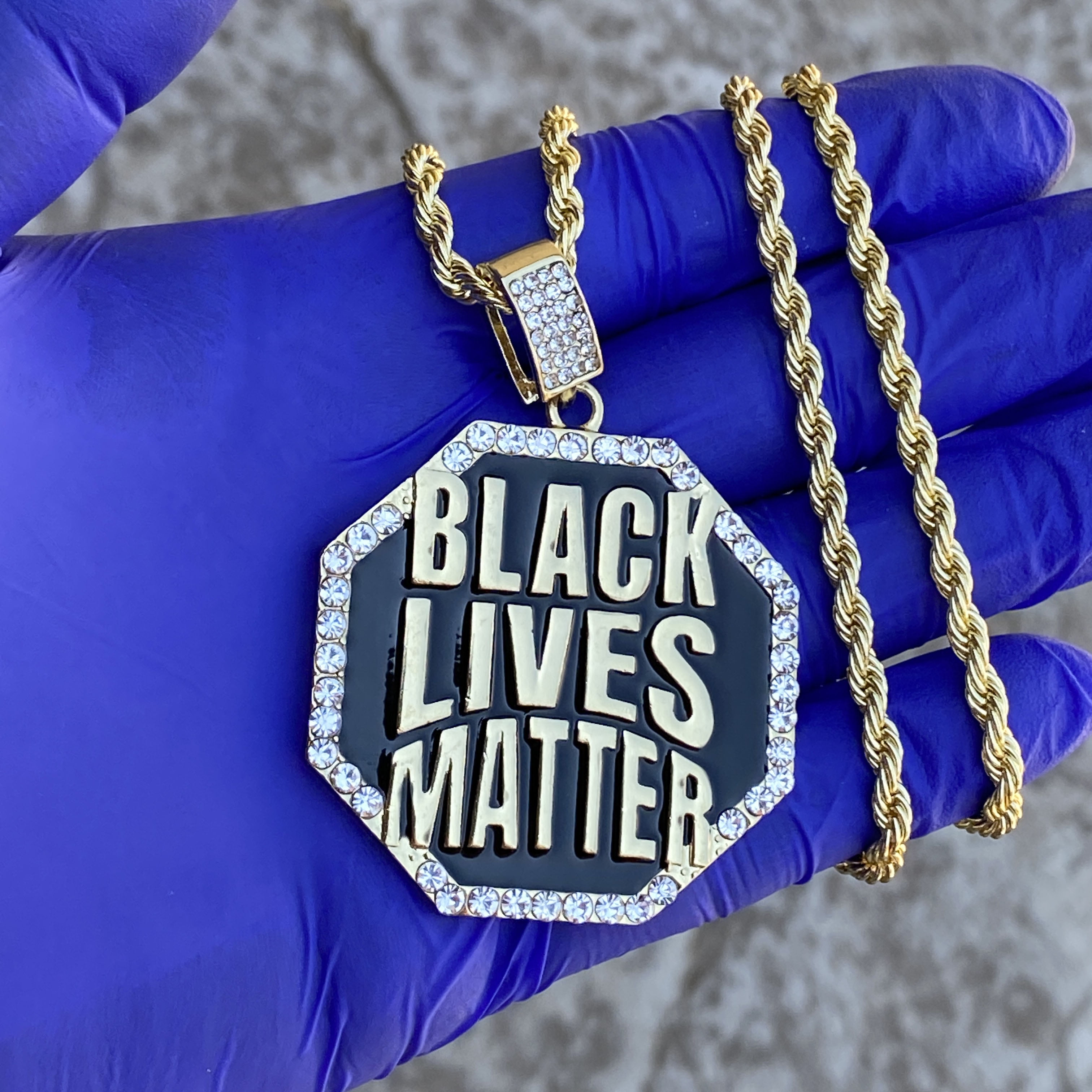 Men s Black Lives Matter Chain Octagon Pendant Gold Finish Rope Necklace 30