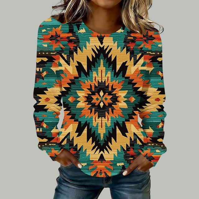 TaTaai Women's Retro Western Print Round Neck Long Sleeve Sweatshirt Fashion Casual Regular Shoulder Loose Top Soft for Daily Party Work Vacation Gift