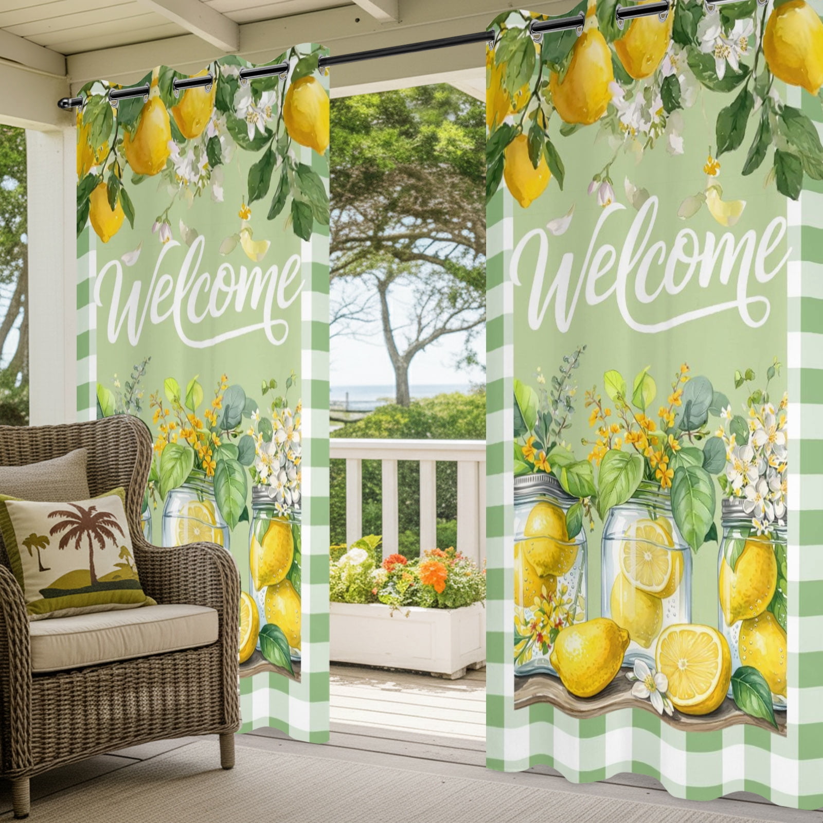 Green Lemons Outdoor Curtains for Patio, Welcome Summer Fruit Flower Botanical Plaid Sunshade Privacy Drapes Grommet Waterproof Outside Curtains for Porch/Cabana/Balcony 54"x 84", 2 Panel