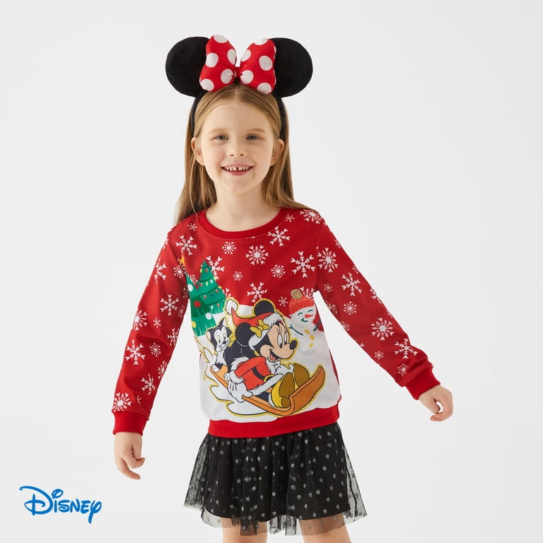 Disney Mickey Mouse Toddler Girls Pullover Sweatshirts Christmas Character Crewneck Top Size 2-6, Toddler Girl's, Size: 3T, Red