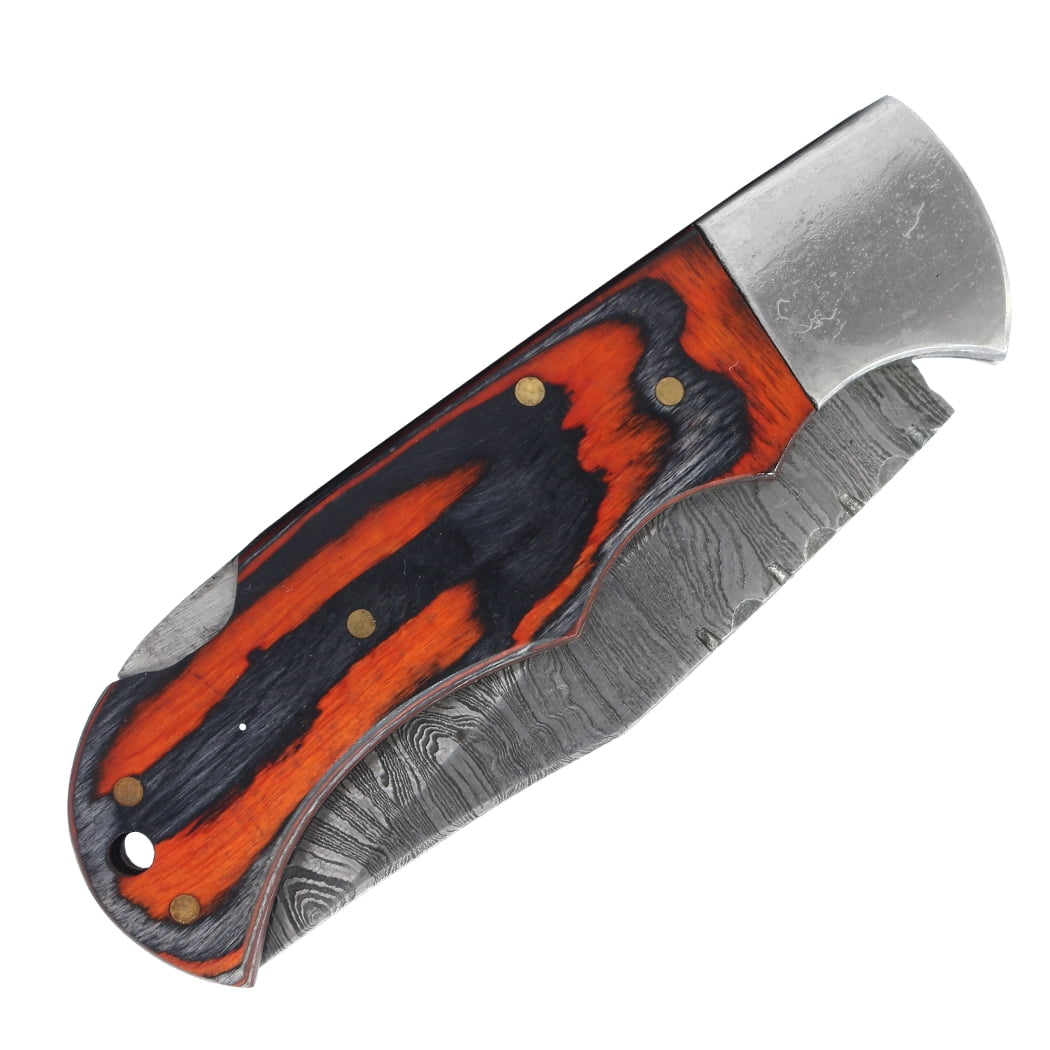 TheBoneEdge 6.5" Damascus Blade Folding Knife Two Tone Black & Orange Wood Handle With Pouch