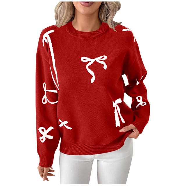 FRSASU Chandail d'Hiver pour Femmes à Manches Longues Col Rond en Tricot Grande Taille Mignon avec Nœud Rouge m(m)
