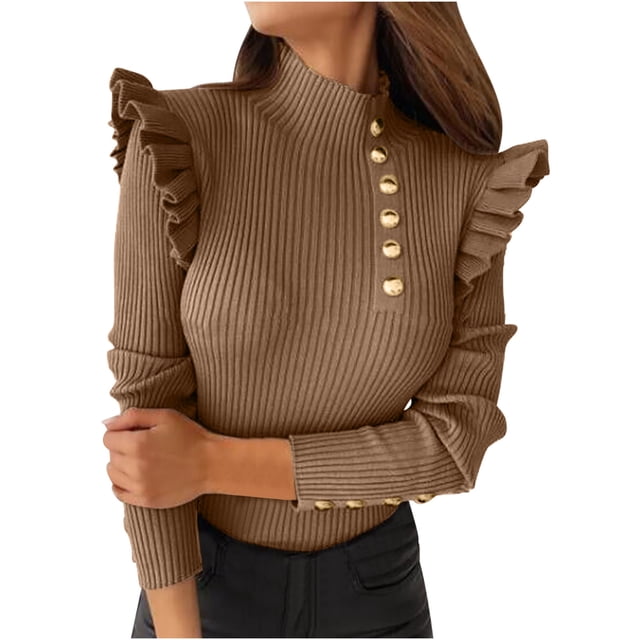 cfhntfmh Lounge Tops for Women Trendy High Neck Ruffle Long Sleeve Fall Slim Shirts Ribbed Front Buttons Trim Undershirts