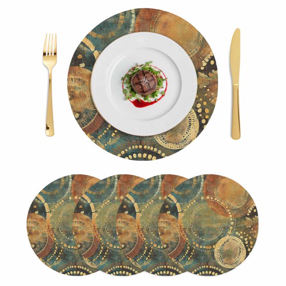 Vintage Geometric Round 13 Inch Placemats Set of 4, Watercolor Abstract Art HeatResistant Non Slip Place Mats for Dining Table, Wipeable Braided Kitchen Table Mats for Housewarming