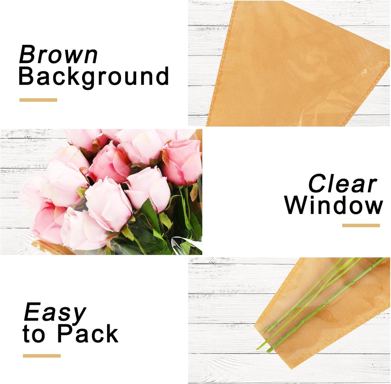 Flower Sleeves for Bouquets,Flower Bouquet Wrapping Paper,Flower Bouquet Packaging Bags Bulk,Floral Arrangement Supplies for Wedding Bridal Birthday Graduation Gift Wrapping,50 Pcs,Brown