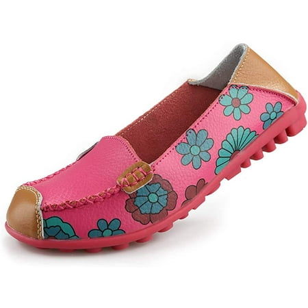 

YAZI Womens Comfortable Leather Floral Print Flats Casual Driving Loafers Walking Shoes for Women