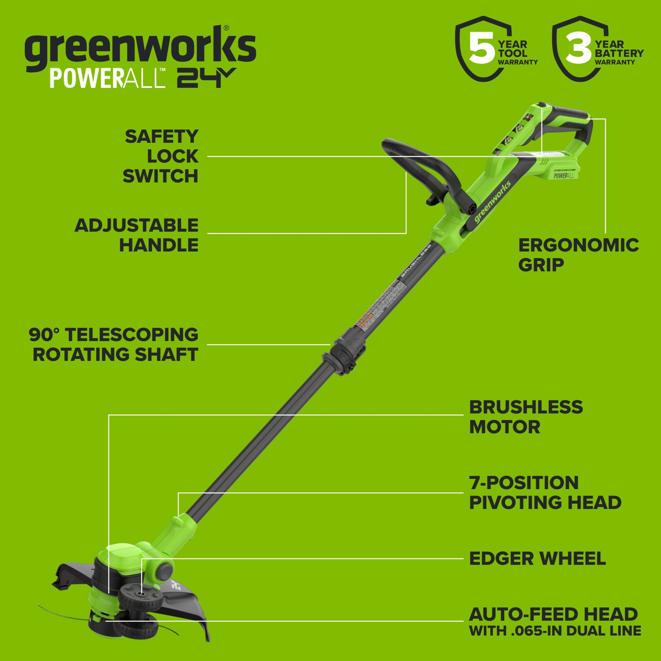 Greenworks PowerAll 24V Brushless 12" String Trimmer, with 3.0 Ah USB-C Battery, 30W USB-C Charger and Cable, ST1222A1