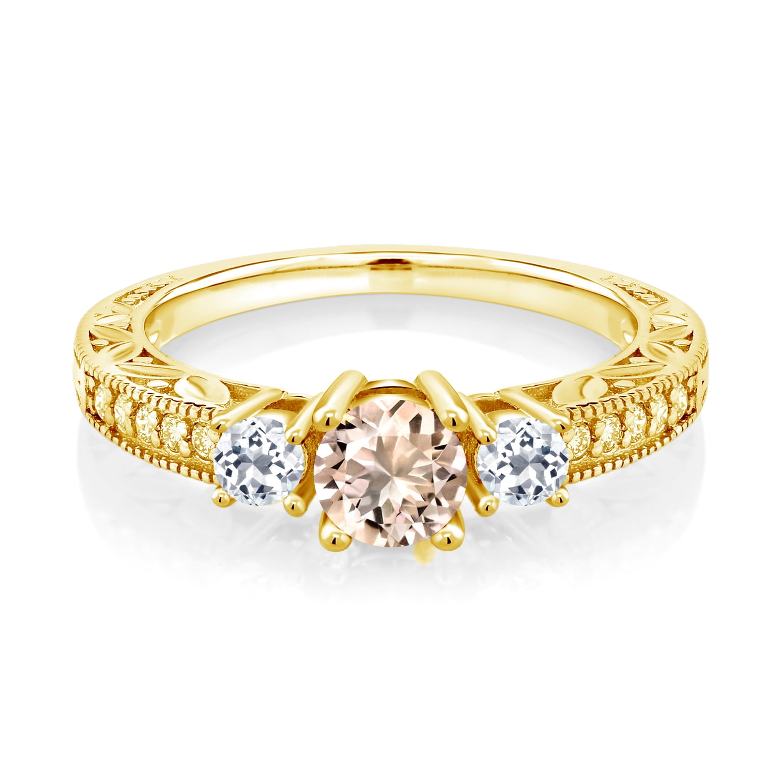 Gem Stone King 18K Yellow Gold Plated Silver Round Peach Morganite and White Topaz Ring for Women (0.81 Cttw, Gemstone Birthstone, Size 5)